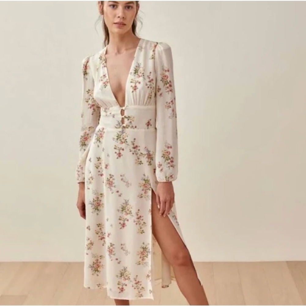 Reformation Lorne Dress Ivory Floral Long Sleeve Midi Garden Fairy Ethereal 6
